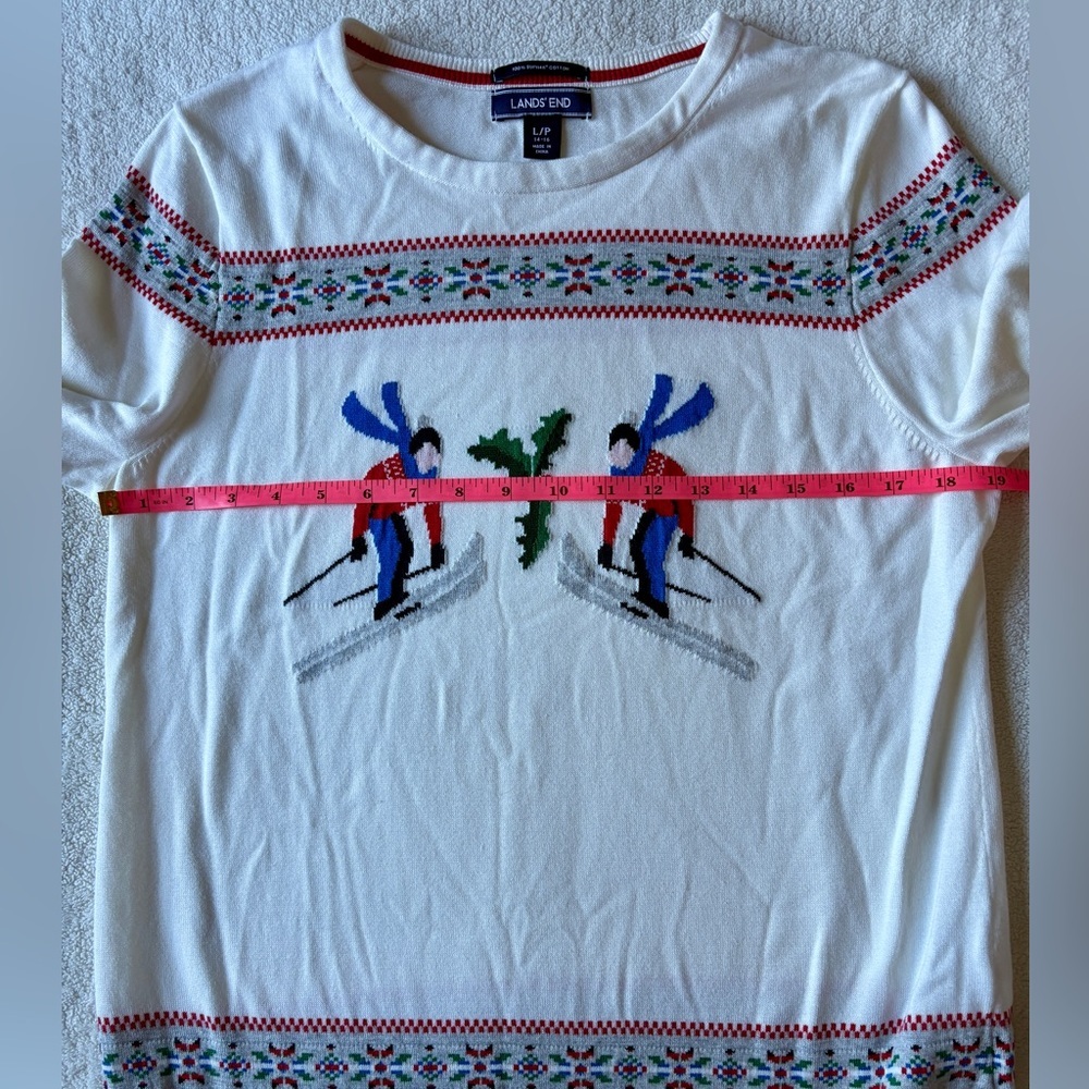 Lands' End Nordic Print Festive Sweater, Skiing Design. White. Size L (14/16) - Picture 7 of 9